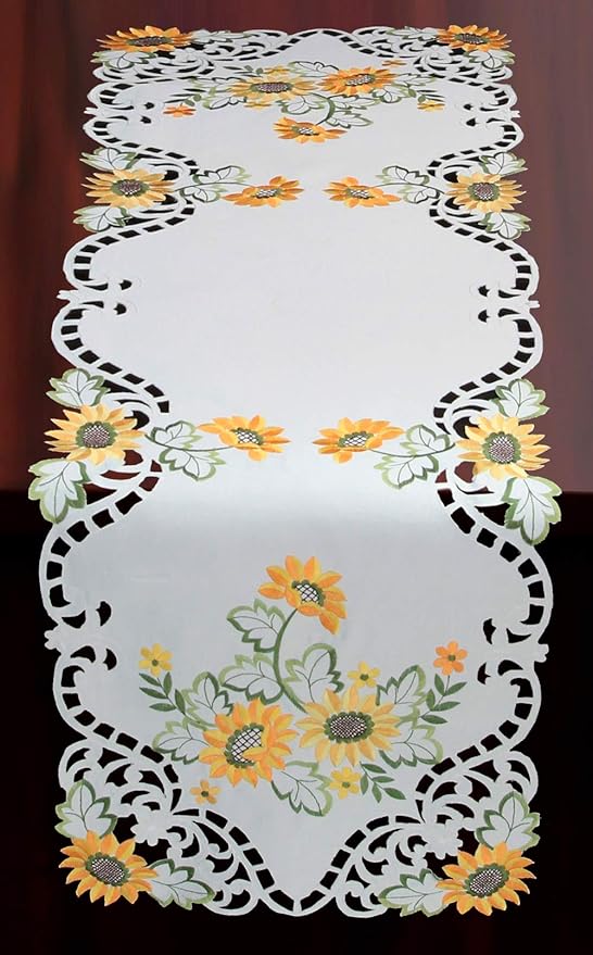 Creative Linens Sunflower Table Runner 15x53 Embroidered Cutwork Dresser Scarf by Creative+Linens