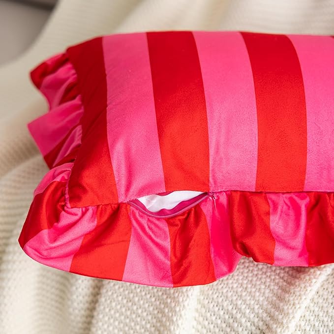 vctops Ruffle Square Throw Pillow Covers Boho Pink and Red Striped Decorative - Image 3