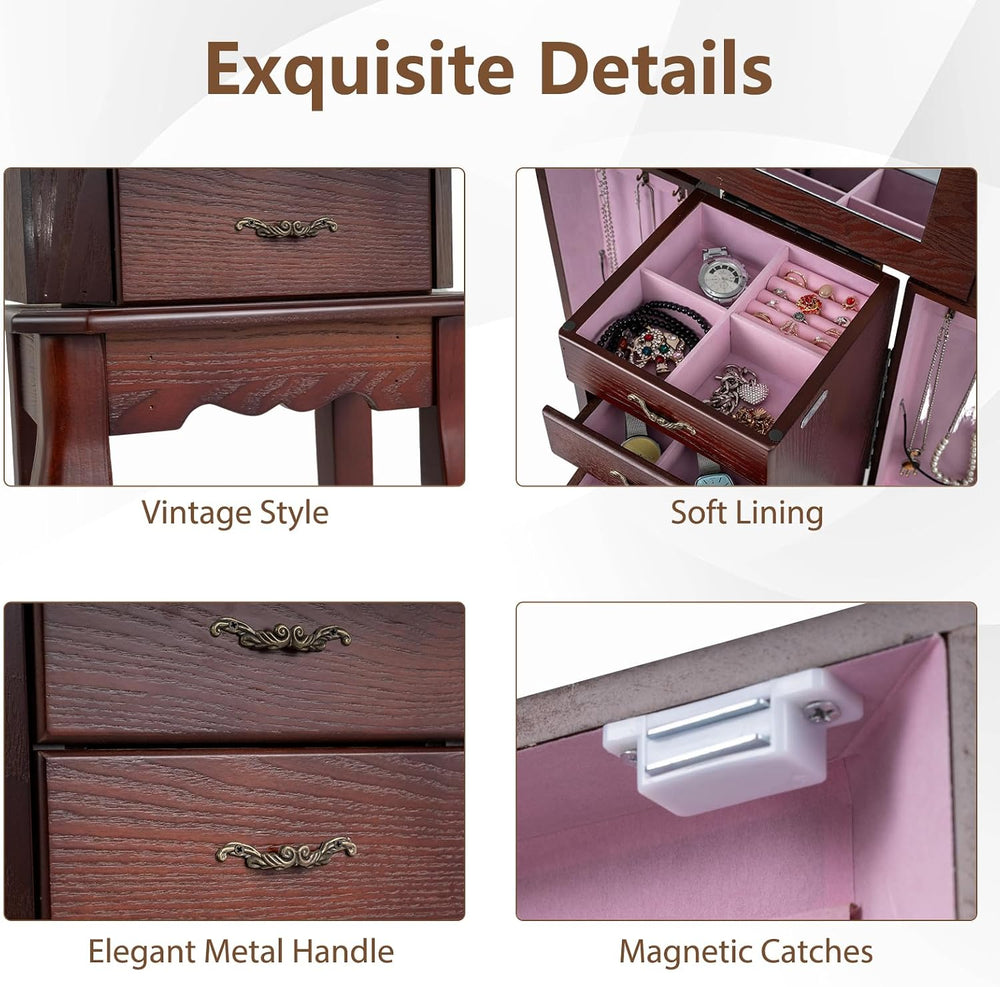 CHARMAID Standing Jewelry Cabinet with 4 Drawers, Flip Top Mirror, Walnut
