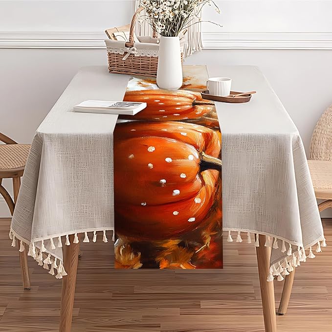 Fall Table Runner with Autumn Leaves & Pumpkins – Rustic Farmhouse Style - Image 6