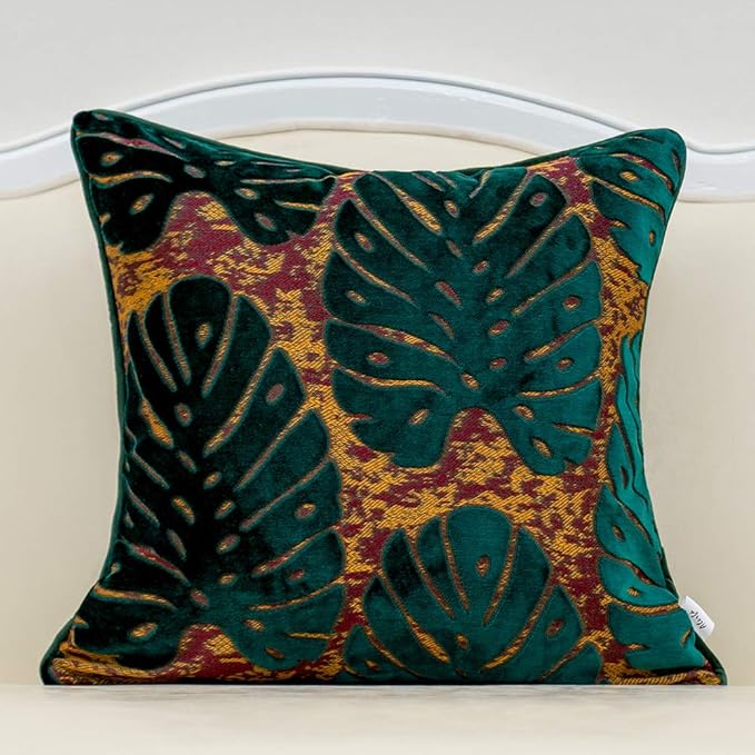 Alerfa 18 x 18 Inch Square Leaf Pillow Embroidery Cut Velvet Cushion Case by Alerfa