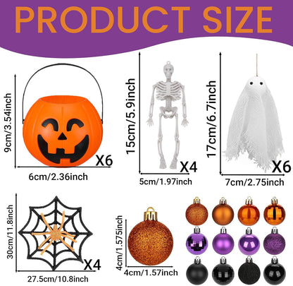 44 Pcs Halloween Tree Ornaments Decorations Witch Hat Pumpkin Tree Topper Pumpkin Bucket Skeleton Skull Ghost Spider Bat Witch Leg Hanging Ornaments Tinsel Garland for Halloween Party Decor