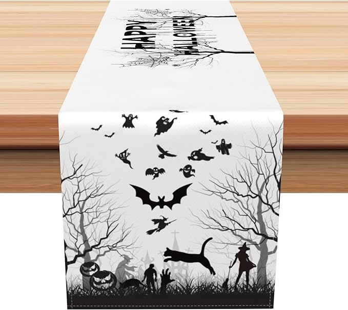 Happy Halloween Table Runner Spooky Forest Ghost Witch Spider Web Bats Pumpkin by Kzzfqxb