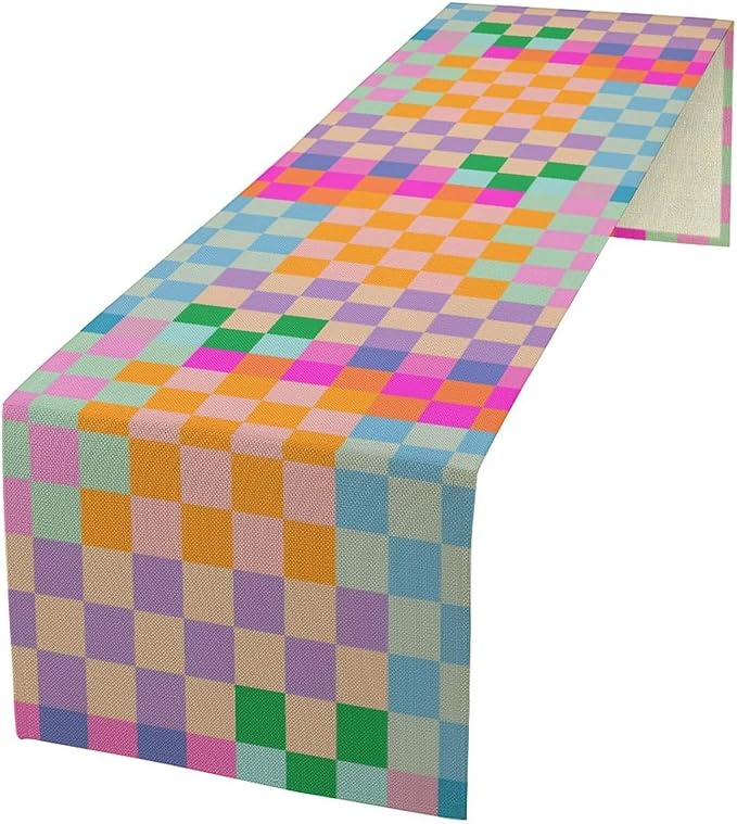 Retro Checkered Table Runner, Bright Rainbow Colorful Modern Groovy Aesthetic by Unknown