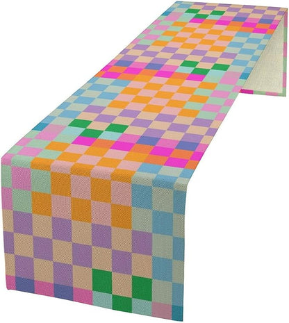 Retro Checkered Table Runner, Bright Rainbow Colorful Modern Groovy Aesthetic by Unknown