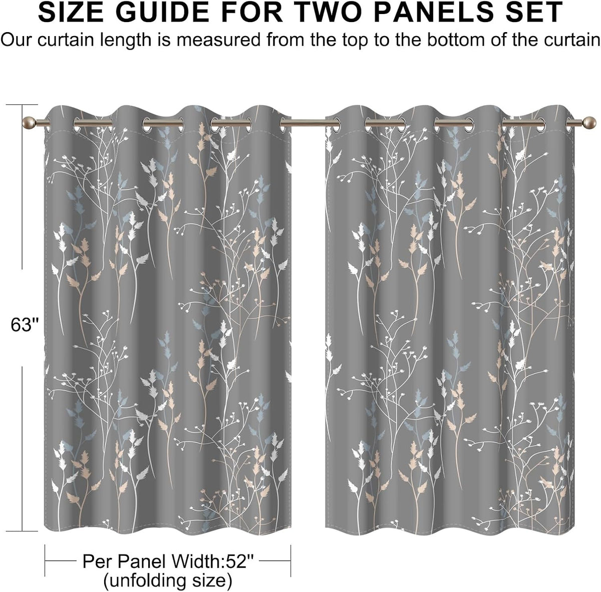 gray leaves blackout curtains 63 inch length, room, front angle view