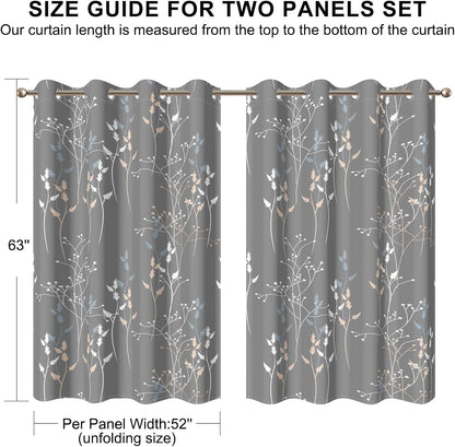 gray leaves blackout curtains 63 inch length, room, front angle view