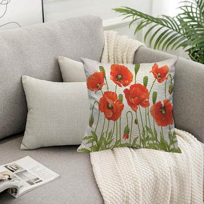 TKS MITLAN Red Poppy Pillow Covers 18 x 18 Inch Spring Flowers Rustic Linen - Image 5