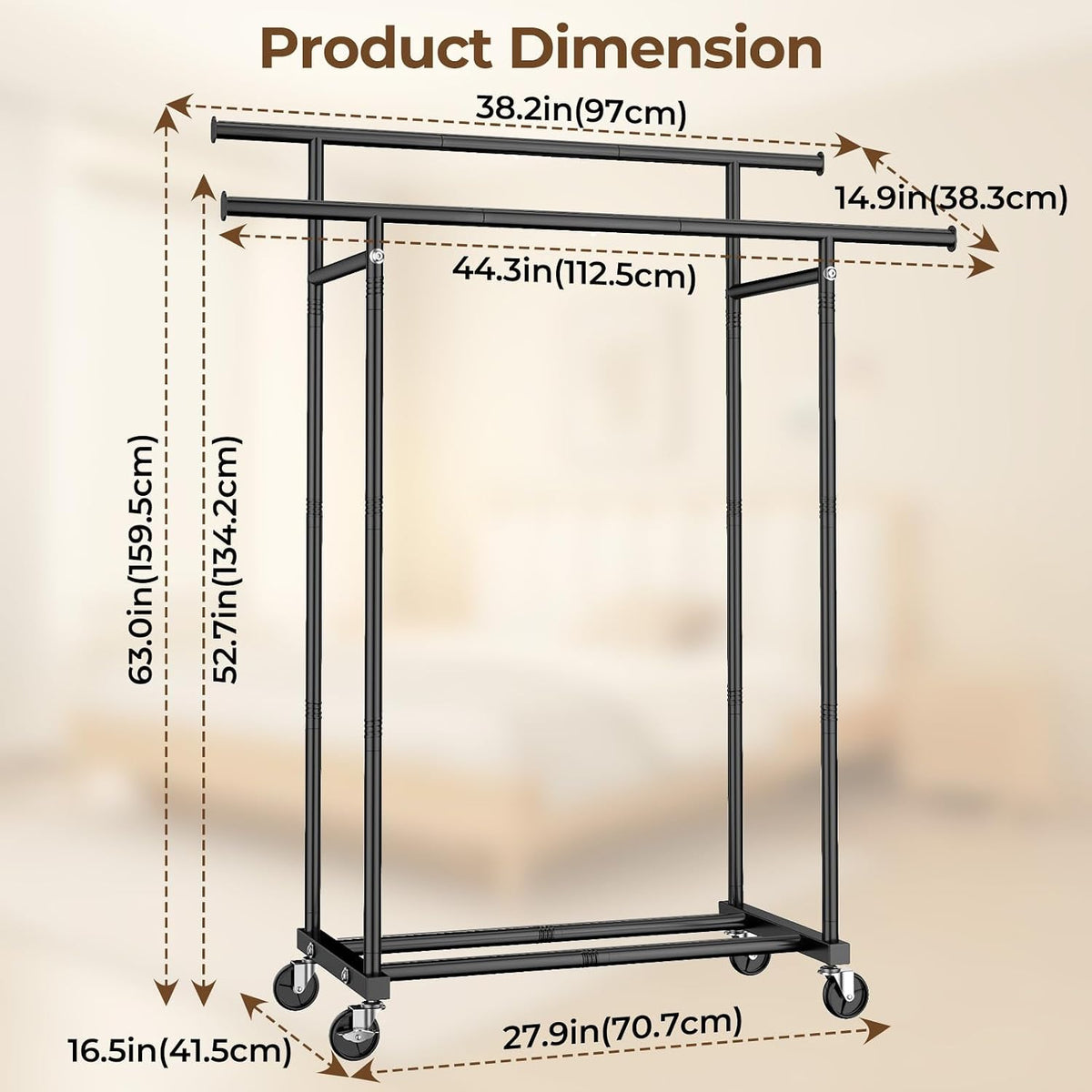 hyseyy double rods clothes rack, rolling clothing rack, package contents
