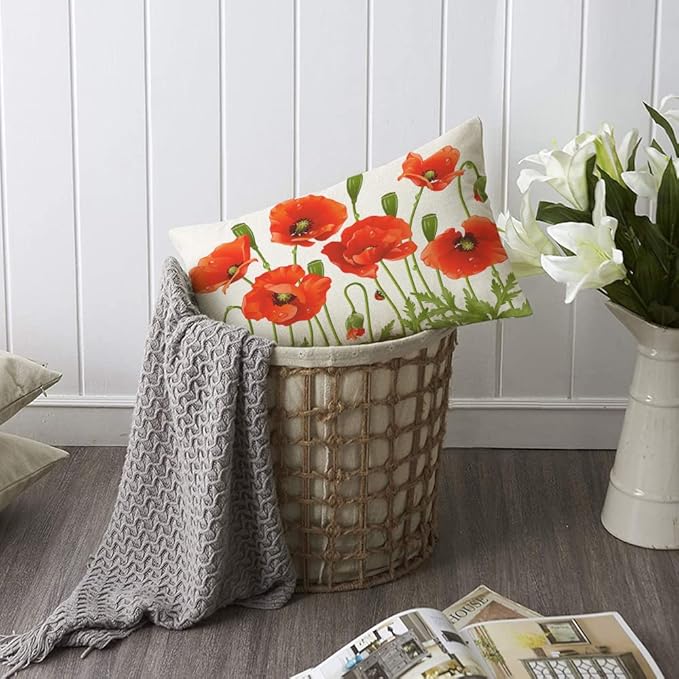 TKS MITLAN Red Poppy Pillow Covers 12 x 20 Inch Spring Flowers Rustic Linen - Image 6