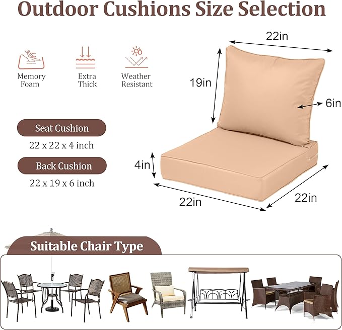 Waterproof Outdoor Chair Cushion Set of 4, Outdoor Cushions - Image 2