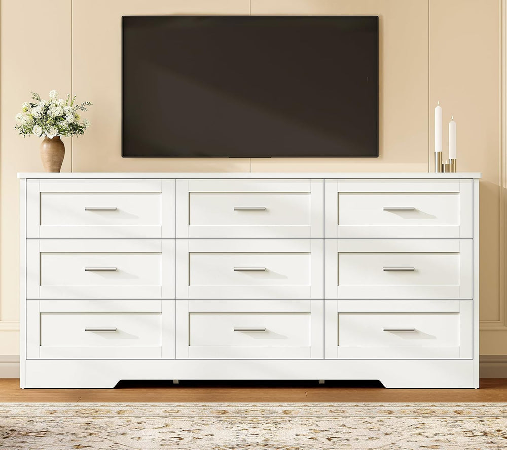 TEENFON 57.1"W White Dresser for Bedroom, Modern 9 Drawer Dresser with M...