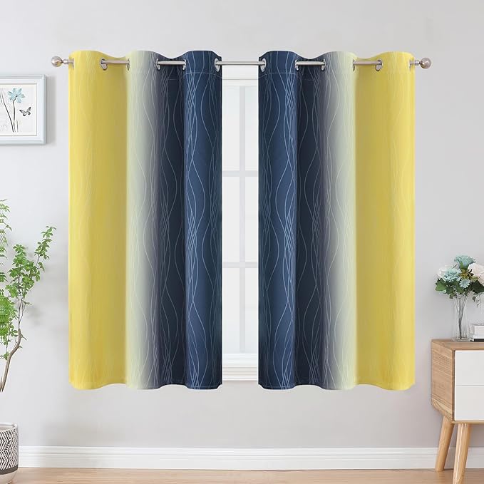Estelar Textiler Navy Blue and Yellow Ombre Blackout Curtains 45 Inch Length 2 - Image 2