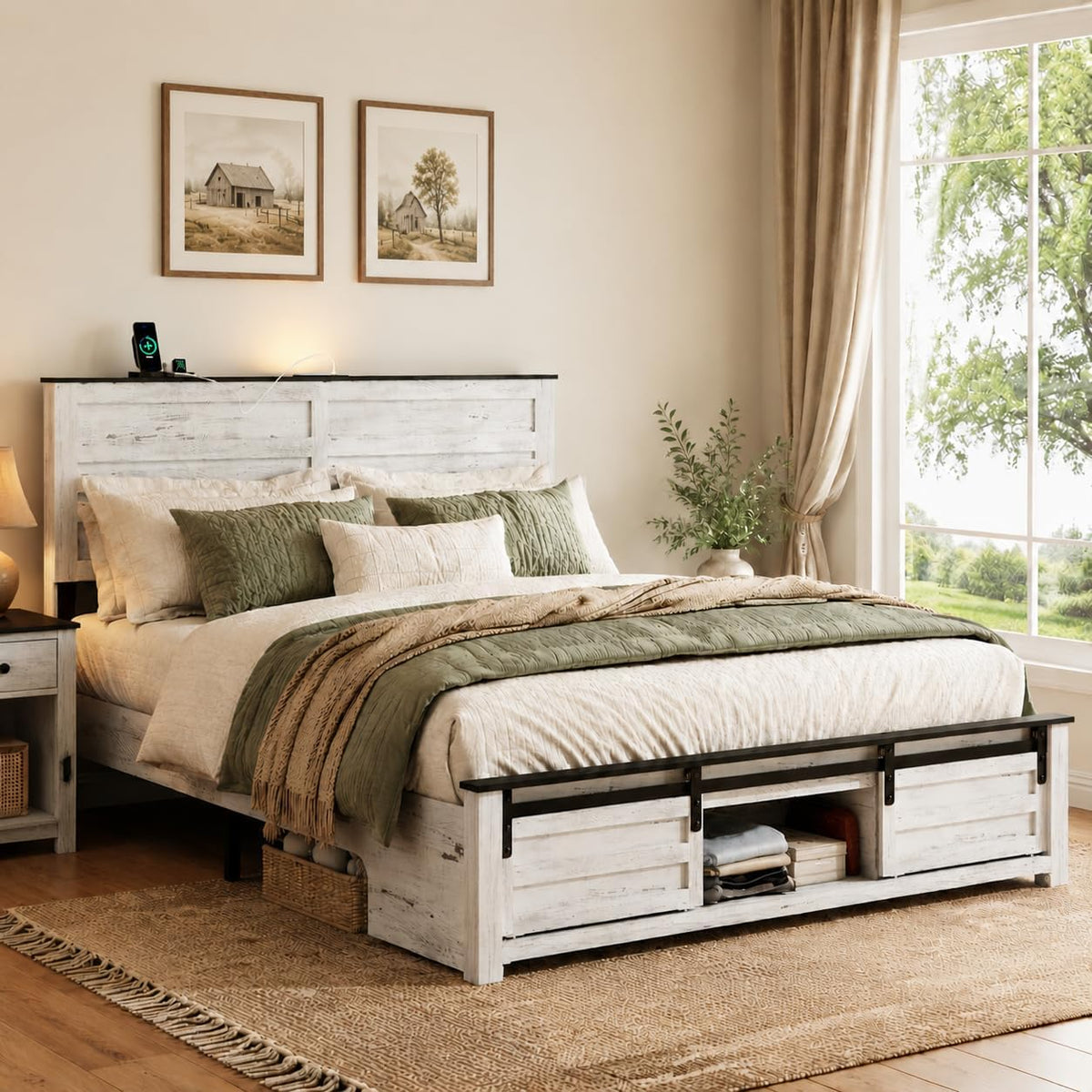wooden full bed frame with headboard, farmhouse storage, main product view