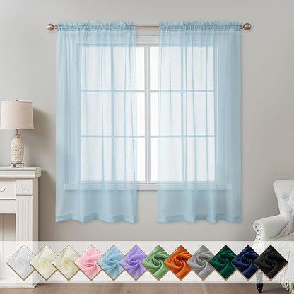 Blue Sheer Curtains 63 Inch Length, Privacy Semi Sheer Curtains by ABLUEN