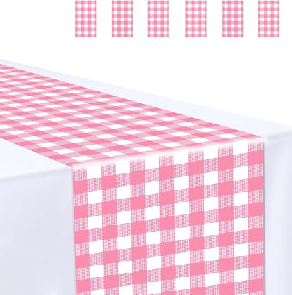 6 Pcs Hot Pink and White Checkered Table Runner Plastic 14 x 108 Disposable Hot by MUNILAIL