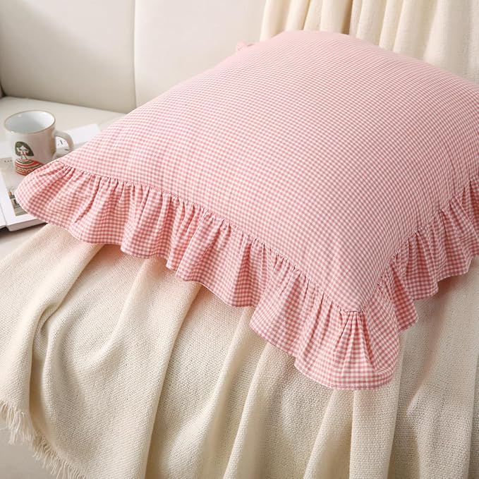 Pink/White Ruffle Plaid Throw Pillow Covers Farmhouse Checkered Gingham18 x18 - Image 7