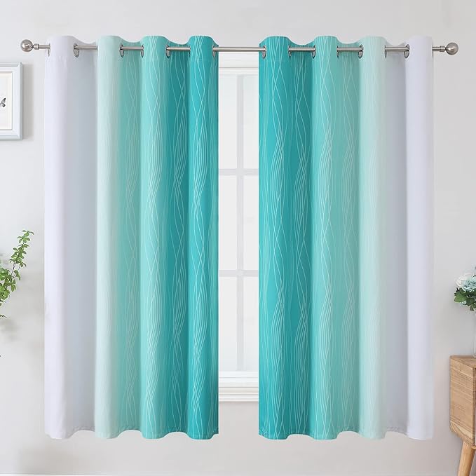 Estelar Textiler Teal and Greyish White Blackout Curtains 63 Inches Long - Image 2