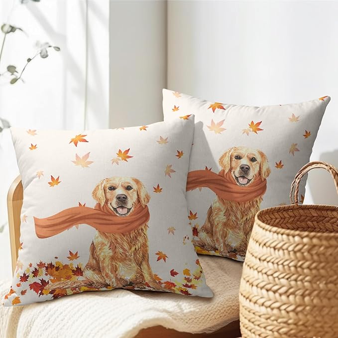 Golden Retriever Dog Fall Throw Pillow Cover Autumn Maple Leaves Farmhouse - Image 5
