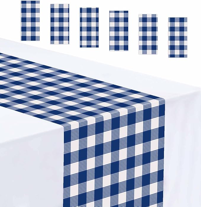 6 Pcs Navy Blue and White Checkered Table Runner Plastic 14 x 108 Disposable by MUNILAIL