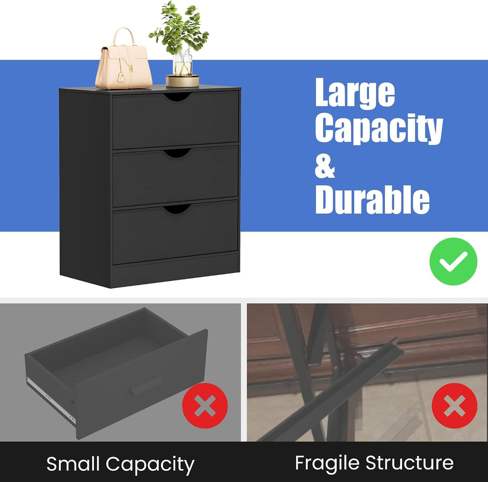 Housoul 3 Drawers Dresser with PU Drawer and Wood Frame, Black Chest with Lar...