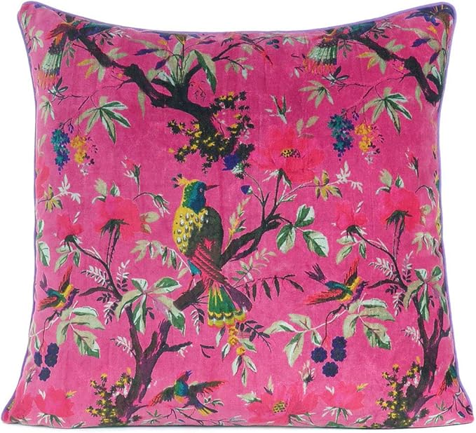 Eyes of India 24x24 inch Burgundy Red Velvet Floral Flower Bird Throw Pillow by EyesofIndia