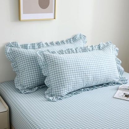 2 Pack Light Blue White Plaid Ruffle Gingham Pillow Shams Standard Size - Image 3