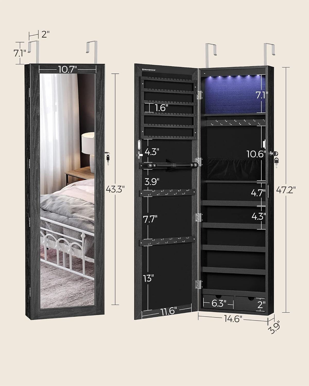 songmics 6 leds mirror jewelry cabinet, 47.2-inch tall, package contents