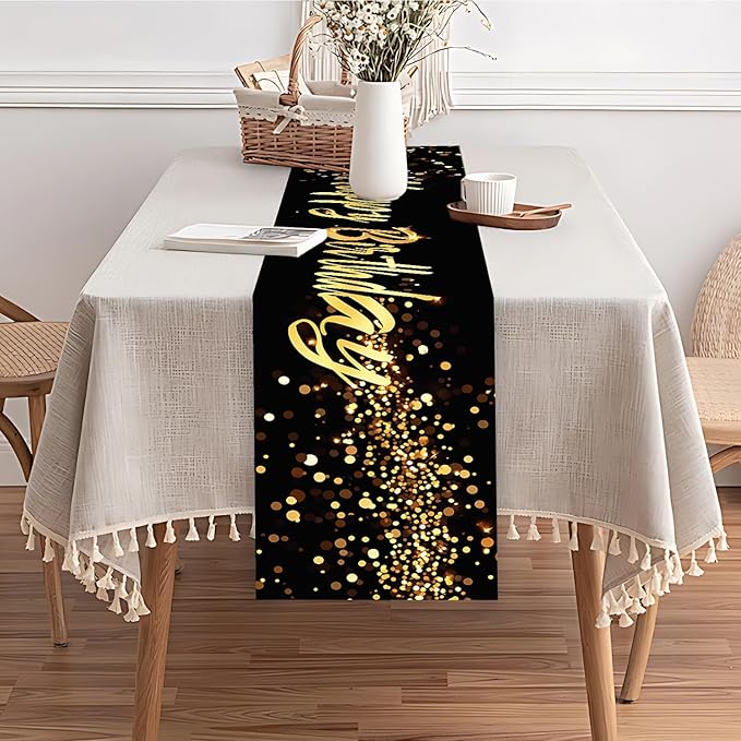 Elegant Black and Gold Happy Birthday Table Runner – 13x72 Inch Birthday Table - Image 7