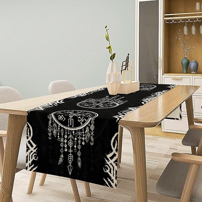 Viking Table Runner, Nordic Ancient Mythical Runes Print Table Runner - Image 3