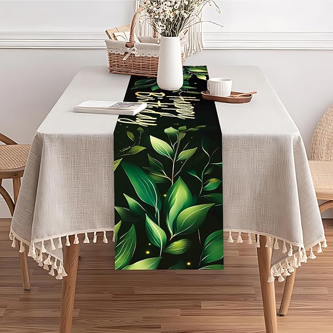 Happy Birthday Table Runner – Green Leaf and Gold Lettering Party Table Decor – - Image 6