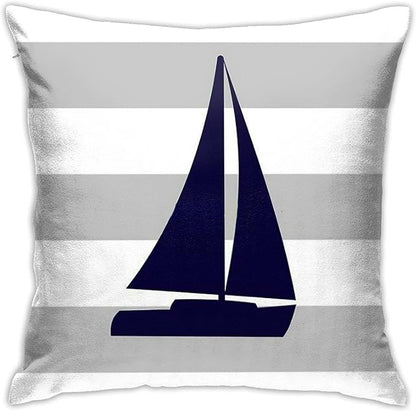 Myshe Square Nautical Navy Blue Sailboat On Silver Gray Stripes Throw Pillow by Myshe
