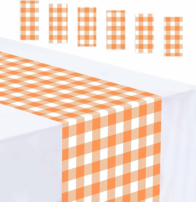 6 Pcs Orange and White Checkered Table Runner Plastic 14 x 108 Disposable by MUNILAIL