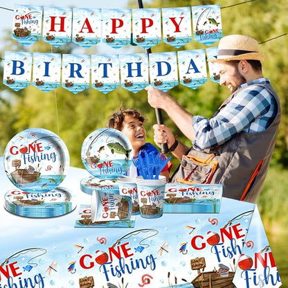 142 Pcs Gone Fishing Tableware, Fishing Birthday Party Decoration Little - Image 2