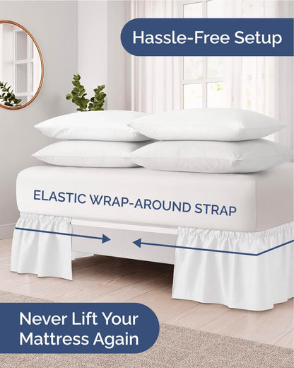 Wrap Around Dust Ruffle Bed Skirt - White - for Queen Size Beds with 15 Inch Drop - Easy Fit Elastic Strap - Adjustable Pleated Bedskirt w/Brushed Fabric - Wrinkle Free - for Women, Men, Kids & Teens