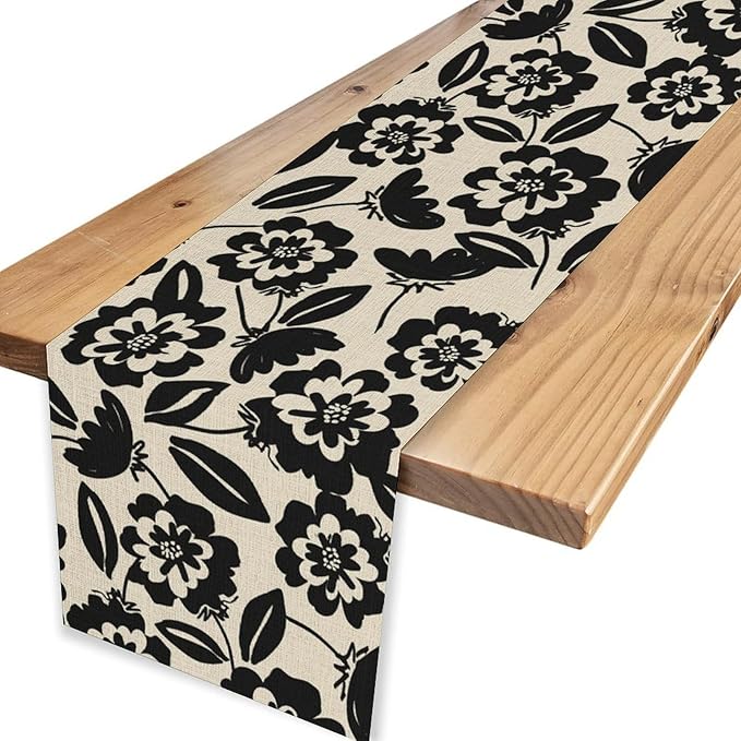 Dark Floral Table Runner, Abstract White Flower Seasonal Coffee Table Center - Image 4