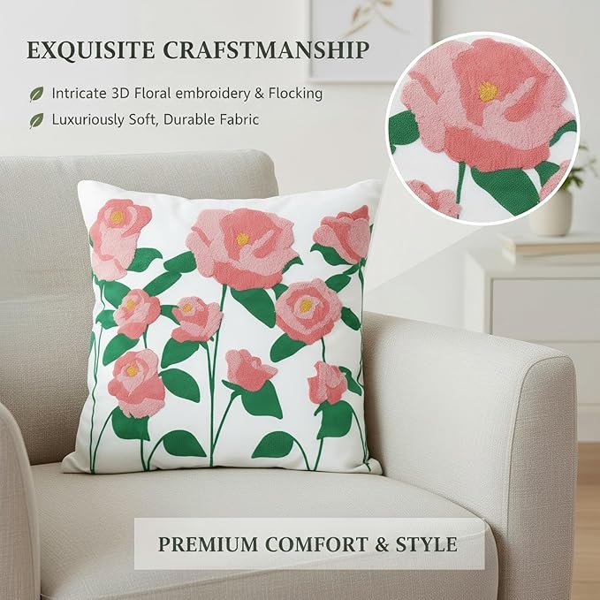 18x18 Embroidered Throw Pillow Cover – Pink Rose Cotton Decorative Cushion Cover - Image 4