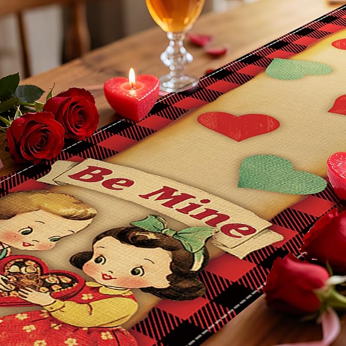 Vintage Valentines Day Kids Dining Table Runner, Retro Boy Girl Red Blue Love - Image 4