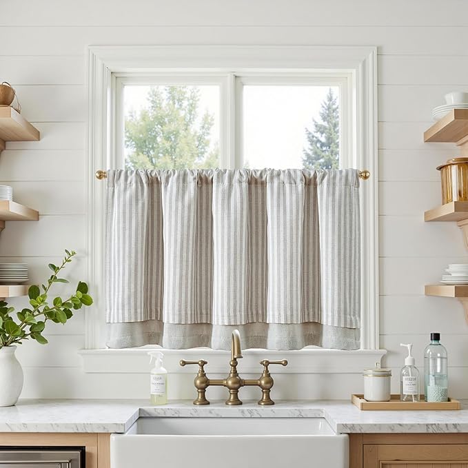 jinchan Double Layer Striped Linen Kitchen Tier Curtain Rustic Cafe - Image 2