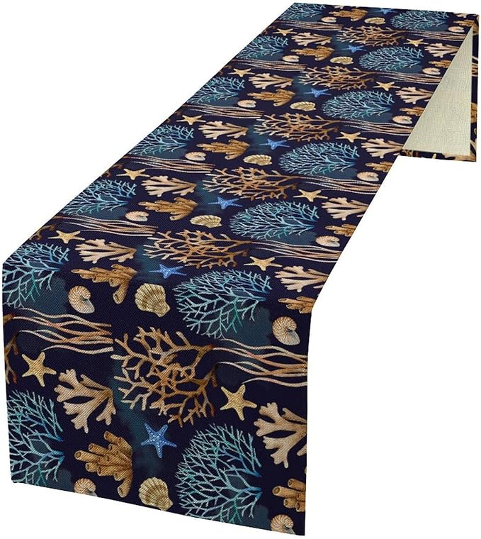 Ocean Coastal Table Runner, Coral Shell Starfish Seaside Nautical Beach Navy by ShiTingYu
