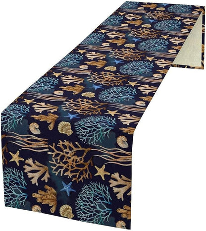 Ocean Coastal Table Runner, Coral Shell Starfish Seaside Nautical Beach Navy by ShiTingYu