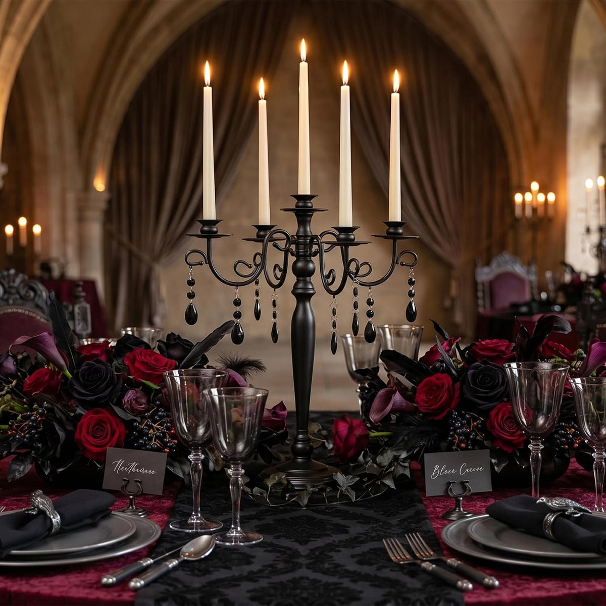 Sziqiqi Black Candelabra Centerpiece for Halloween: Gothic 5 Arm Candelabra