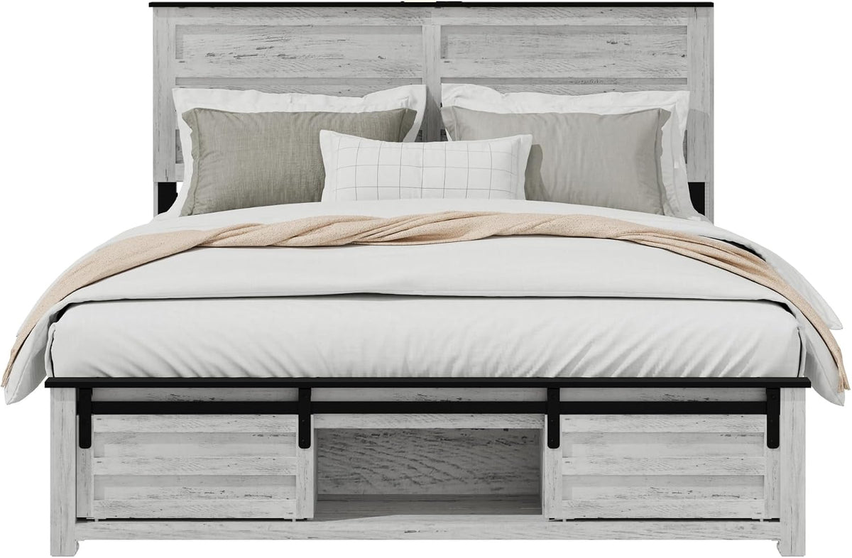 wooden full bed frame with headboard, farmhouse storage, package contents