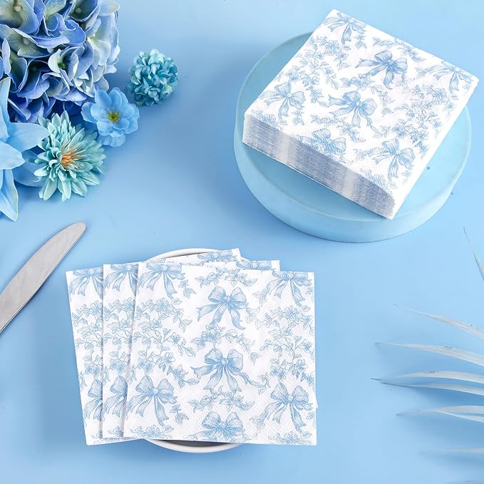 50 Pcs Blue Bow Napkins Coquette Party Supplies Pink Floral Disposable Cocktail - Image 3