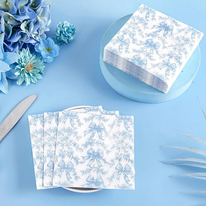 50 Pcs Blue Bow Napkins Coquette Party Supplies Pink Floral Disposable Cocktail - Image 3