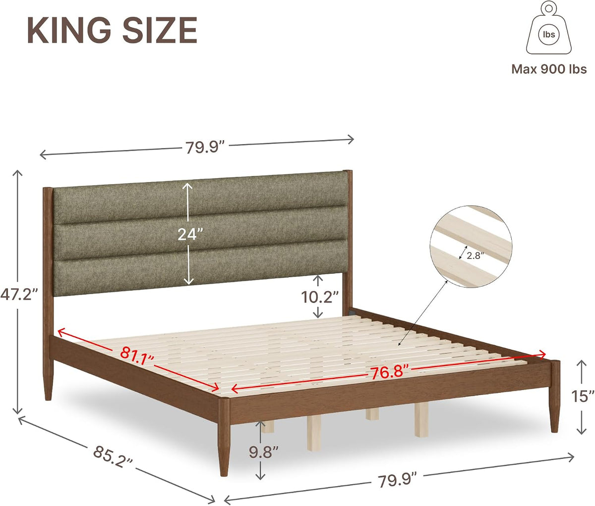 kislot wood bed frame with upholstered headboard, sage shown in use
