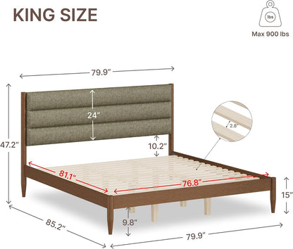 kislot wood bed frame with upholstered headboard, sage shown in use