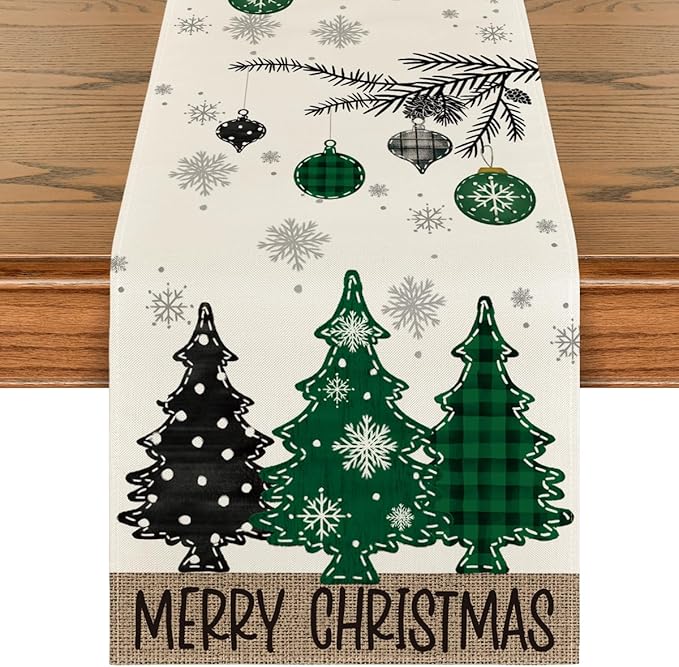 Artoid Mode Green Pine Trees Snowflake Merry Christmas Table Runner, Winter by ArtoidMode