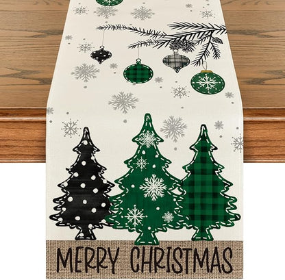 Artoid Mode Green Pine Trees Snowflake Merry Christmas Table Runner, Winter by ArtoidMode