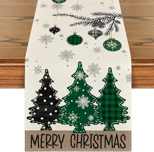 Artoid Mode Green Pine Trees Snowflake Merry Christmas Table Runner, Winter by ArtoidMode